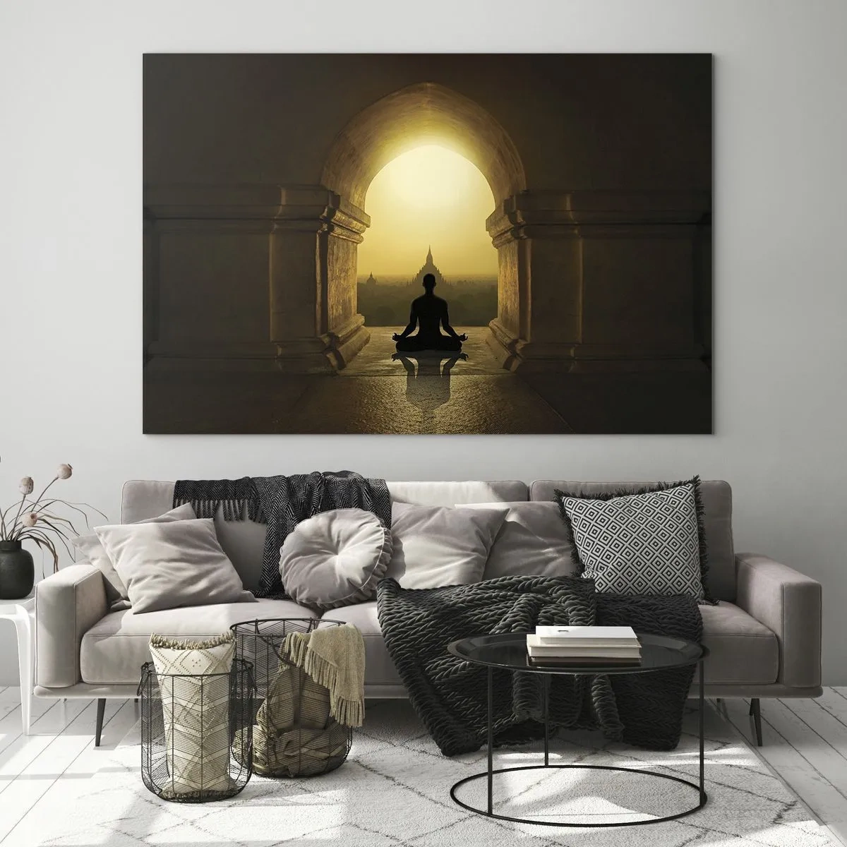Glasbild - Bild auf glas - Silhouette einer meditierenden Person im Licht der untergehenden Sonne in einem architektonischen Bogen - 70x50cm - Vollkommene Harmonie - Moderne Wanddekoration für Wohnzimmer und Schlafzimmer ARTTOR
