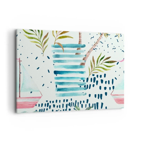 Bild auf Leinwand - Leinwandbild - Abstraktes Muster mit Palmen und nautischen Akzenten - 120x80cm - Urlaub unter Palmen - Moderne Wanddekoration für Wohnzimmer und Schlafzimmer ARTTOR