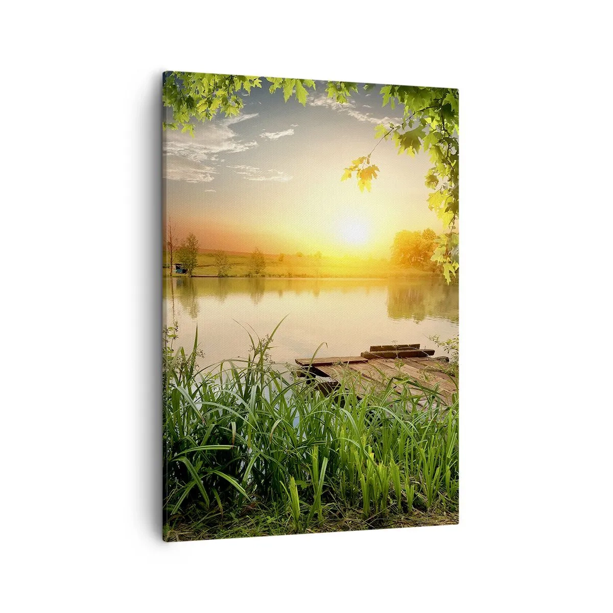 Bild auf Leinwand - Leinwandbild - Grüne Landschaft mit einem See bei Sonnenuntergang - 50x70cm - Landschaft in einem grünen Rahmen - Moderne Wanddekoration für Wohnzimmer und Schlafzimmer ARTTOR