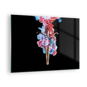 Glasbild - Bild auf glas - Eine Tänzerin, umgeben von buntem Rauch auf schwarzem Hintergrund - 70x50cm - In voller Blüte - Moderne Wanddekoration für Wohnzimmer und Schlafzimmer ARTTOR