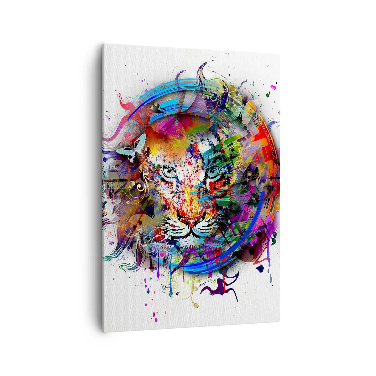 Bild auf Leinwand - Leinwandbild - Farbenfrohes Porträt eines Löwen im abstrakten Stil - 70x100cm - Es lauert hinter einem Regenbogenschleier - Moderne Wanddekoration für Wohnzimmer und Schlafzimmer ARTTOR