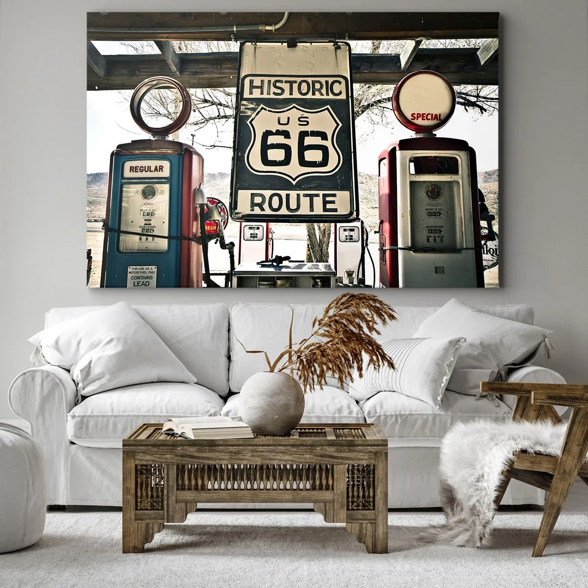 Bild auf Leinwand - Leinwandbild - Historische Tankstelle an der Route 66 - 100x70cm - Amerikanische Retro-Reise - Moderne Wanddekoration für Wohnzimmer und Schlafzimmer ARTTOR