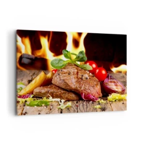 Bild auf Leinwand - Leinwandbild - Gegrilltes Steak mit Beilagen vor dem Hintergrund der Flammen - 100x70cm - Von Hitze gezaubert - Moderne Wanddekoration für Wohnzimmer und Schlafzimmer ARTTOR