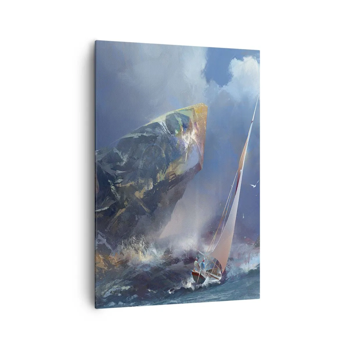 Bild auf Leinwand - Leinwandbild - Ein Segelboot im Sturm am Fuße eines massiven Felsens - 70x100cm - Wer den Mut hat, gewinnt - Moderne Wanddekoration für Wohnzimmer und Schlafzimmer ARTTOR