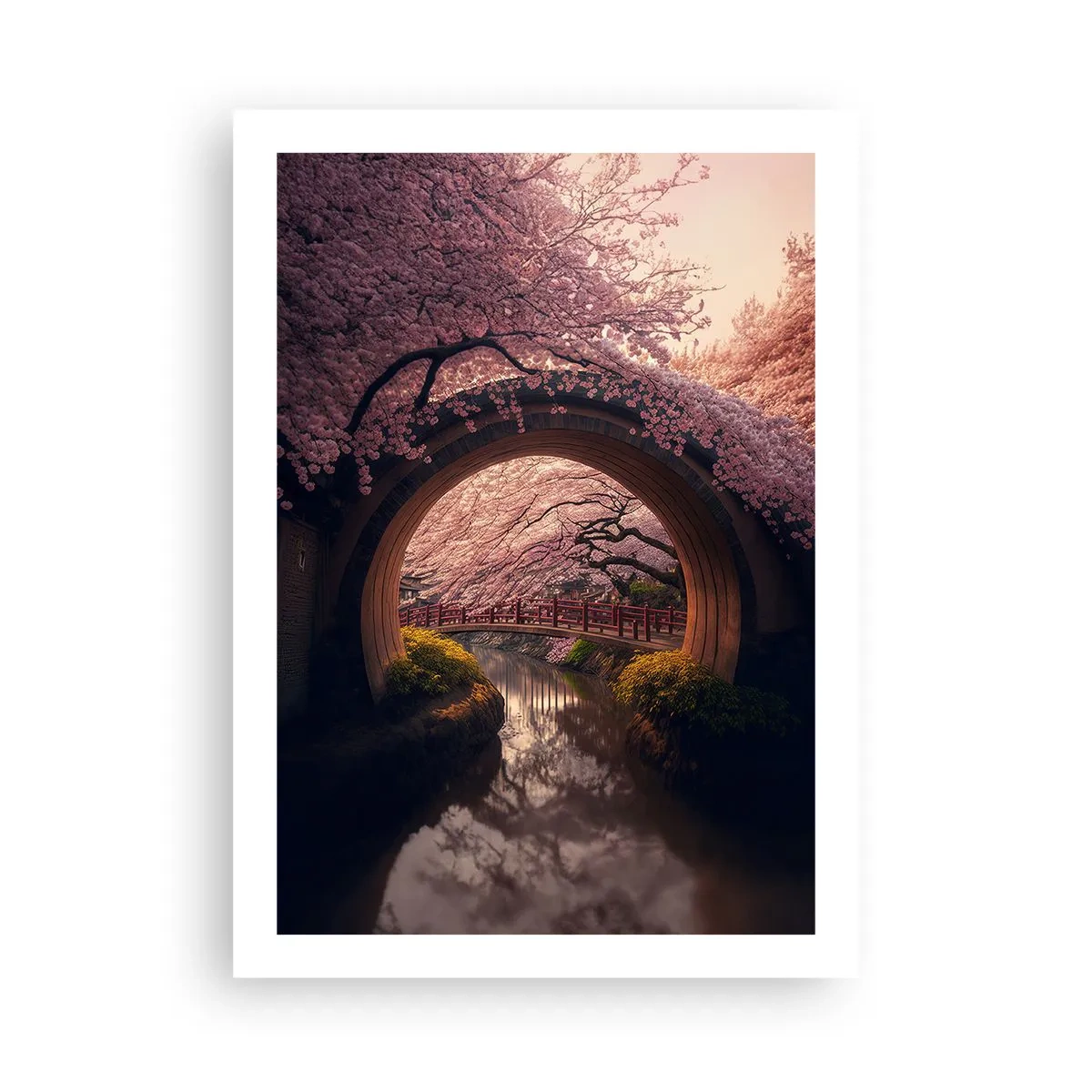 Poster - Eine romantische Brücke zwischen Kirschblüten - 50x70cm - Japanischer Frühling - Moderne Wanddekoration für Wohnzimmer und Schlafzimmer ARTTOR