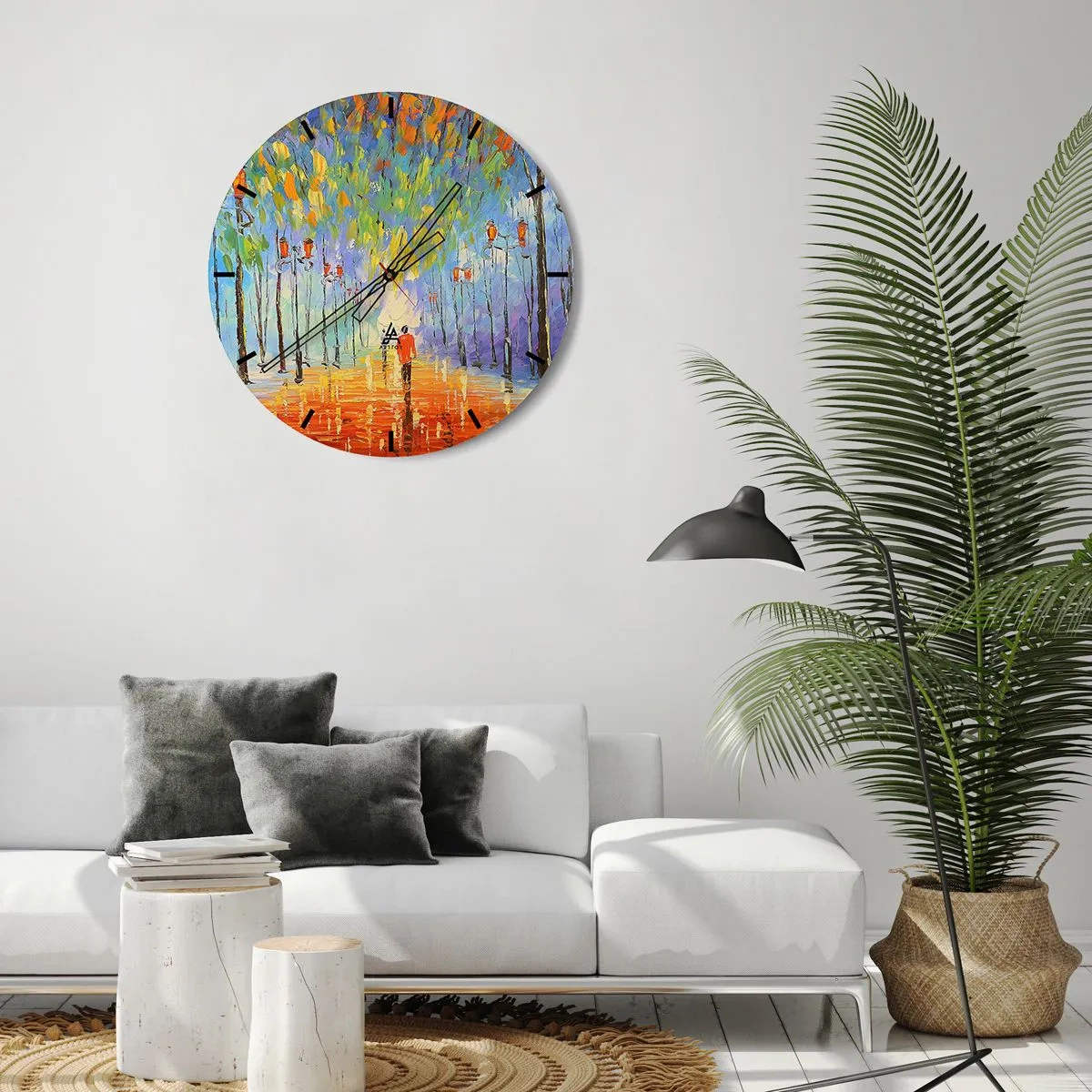 Wanduhr - Glasuhr - Eine bunte Allee mit Bäumen und einer Person, die in der Ferne spazieren geht - 30x30cm - Nachtlied des Regens - Moderne Wanddekoration für Wohnzimmer, Küche und Schlafzimmer ARTTOR
