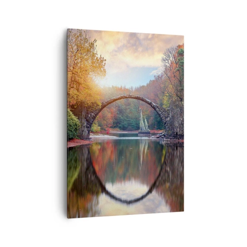 Bild auf Leinwand - Leinwandbild - Eine Steinbrücke in einer Herbstlandschaft über ruhigem Wasser - 70x100cm - Auf der anderen Seite des Spiegels - Moderne Wanddekoration für Wohnzimmer und Schlafzimmer ARTTOR