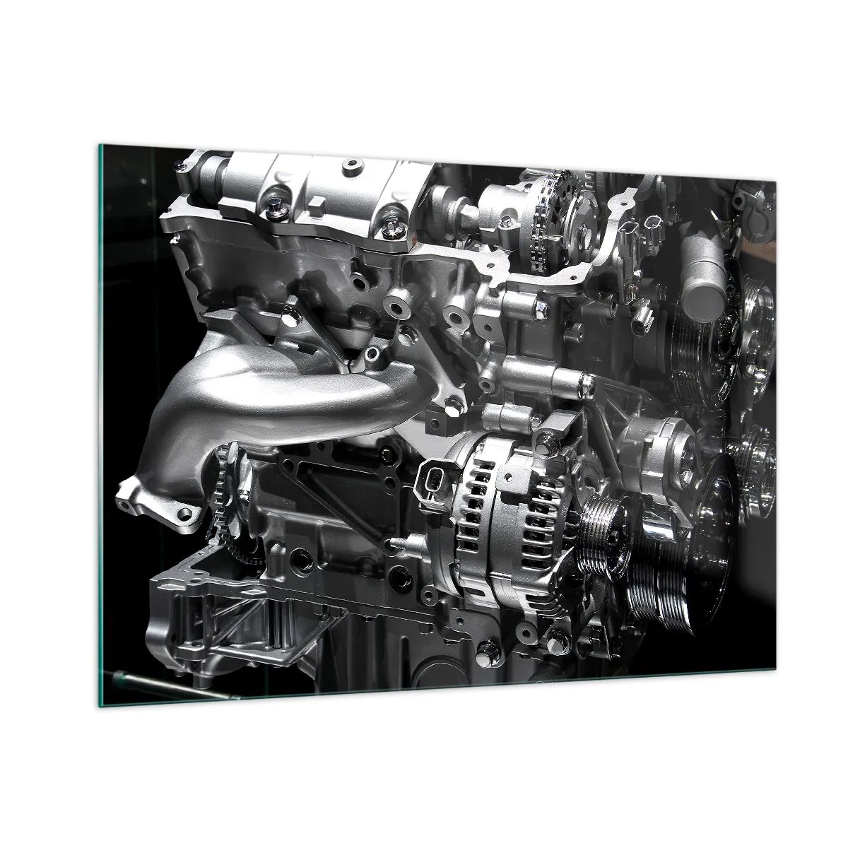 Glasbild - Bild auf glas - Details eines Metallmotors auf schwarzem Hintergrund - 100x70cm - Stahl, schön, stark - Moderne Wanddekoration für Wohnzimmer und Schlafzimmer ARTTOR