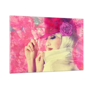 Glasbild - Bild auf glas - Illustration einer Frau mit einem rosa Hut und einer Blume im Hintergrund - 120x80cm - Retro-Porträt in einem rosa Nebel - Moderne Wanddekoration für Wohnzimmer und Schlafzimmer ARTTOR