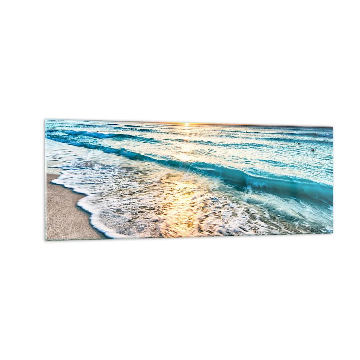 Glasbild - Bild auf glas - Sonnenaufgang über einem ruhigen Strand mit Wellen - 140x50cm - Ein Blick lohnt sich - Moderne Wanddekoration für Wohnzimmer und Schlafzimmer ARTTOR