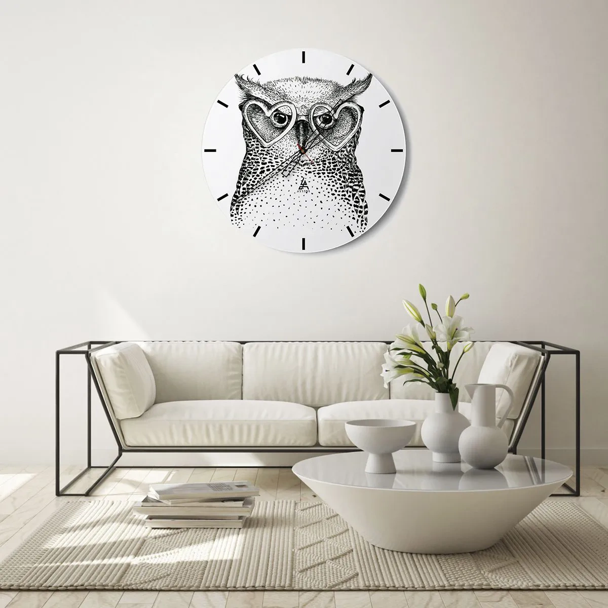 Wanduhr - Glasuhr - Eule mit herzförmiger Brille auf weißem Hintergrund - 30x30cm - Klug und mit Liebe - Moderne Wanddekoration für Wohnzimmer, Küche und Schlafzimmer ARTTOR