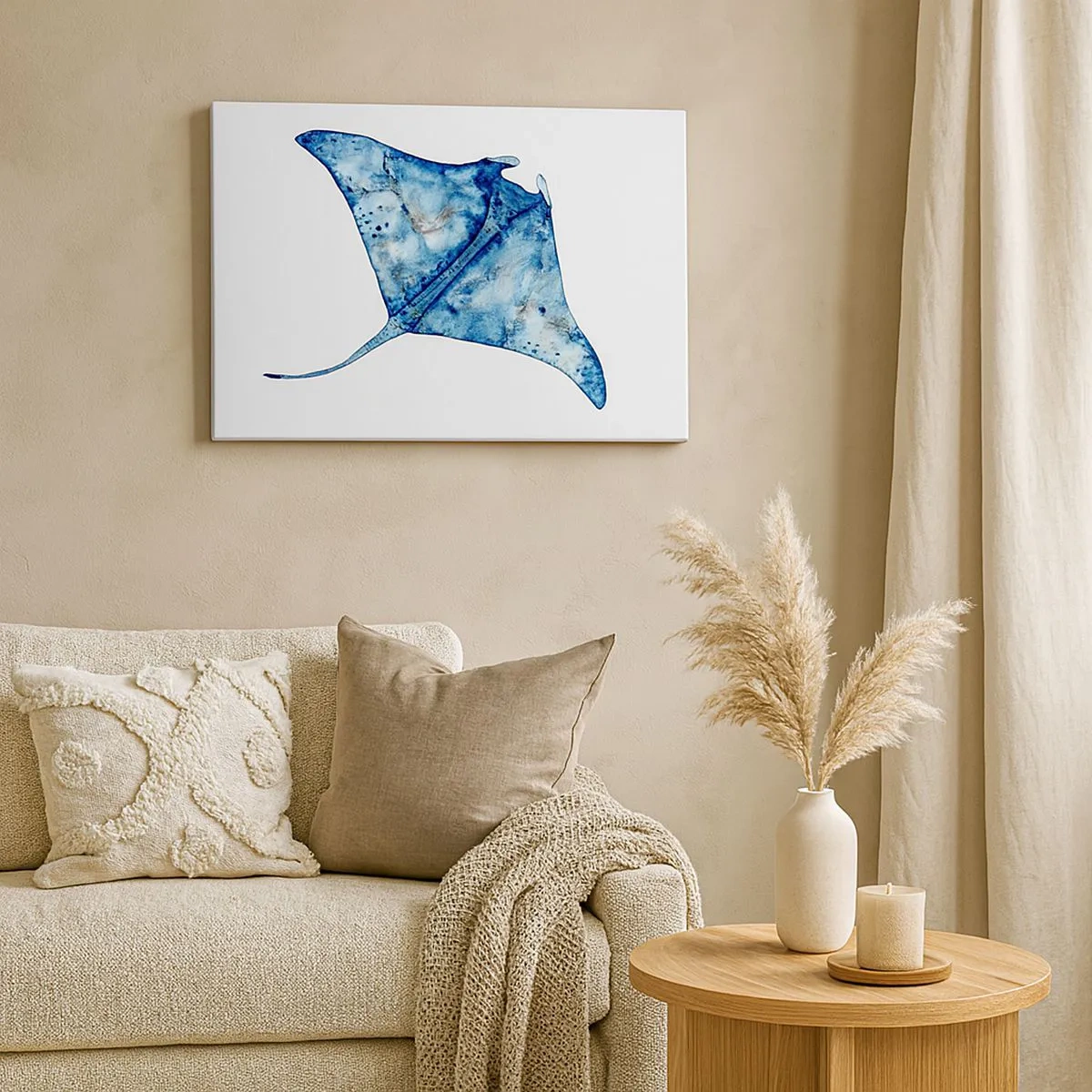 Bild auf Leinwand - Leinwandbild - Blauer Stachelrochen im Aquarellstil auf weißem Hintergrund - 70x50cm - Leben im Blau - Moderne Wanddekoration für Wohnzimmer und Schlafzimmer ARTTOR