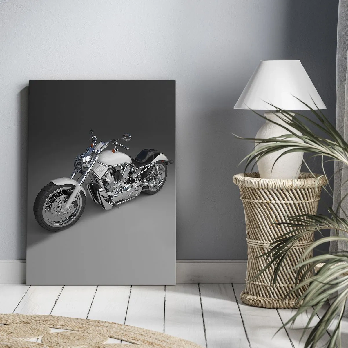 Bild auf Leinwand - Leinwandbild - Weißes Cruiser-Motorrad auf grauem Hintergrund - 50x70cm - So dass man hinknien möchte - Moderne Wanddekoration für Wohnzimmer und Schlafzimmer ARTTOR