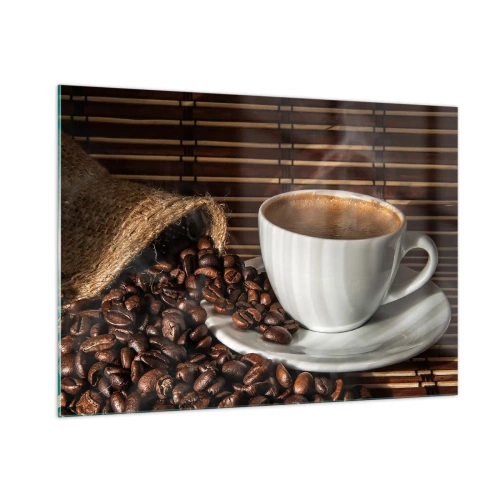 Glasbild - Bild auf glas - Eine Tasse Kaffee mit Bohnen auf rustikalem Hintergrund - 100x70cm - Die Schwärze von Kohle, die Klarheit von Bernstein - Moderne Wanddekoration für Wohnzimmer und Schlafzimmer ARTTOR
