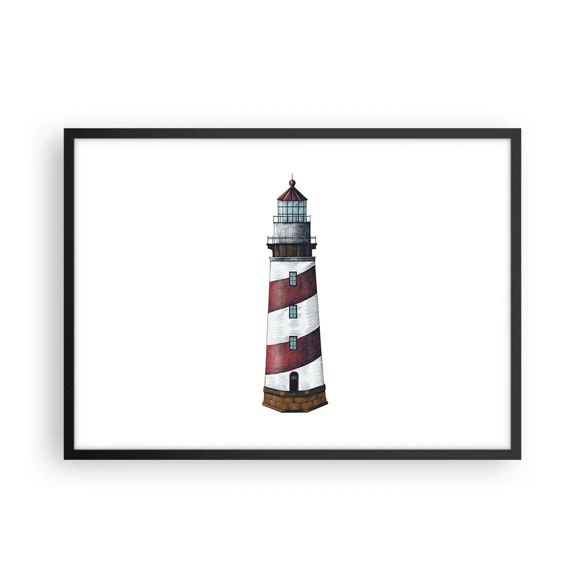 Poster in einem schwarzem Rahmen - Ein Cartoonbild eines Leuchtturms mit roten und weißen Streifen auf minimalistischem Hintergrund. - 70x50cm - Immer auf der Hut - Moderne Wanddekoration für Wohnzimmer und Schlafzimmer ARTTOR
