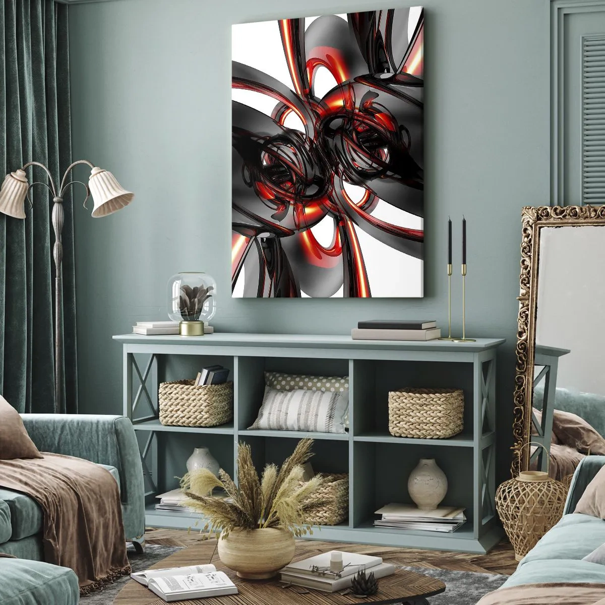 Bild auf Leinwand - Leinwandbild - Abstrakte 3D-Grafiken mit schwarzen und roten Elementen - 50x70cm - Uhrwerk in Graphit und Rot - Moderne Wanddekoration für Wohnzimmer und Schlafzimmer ARTTOR