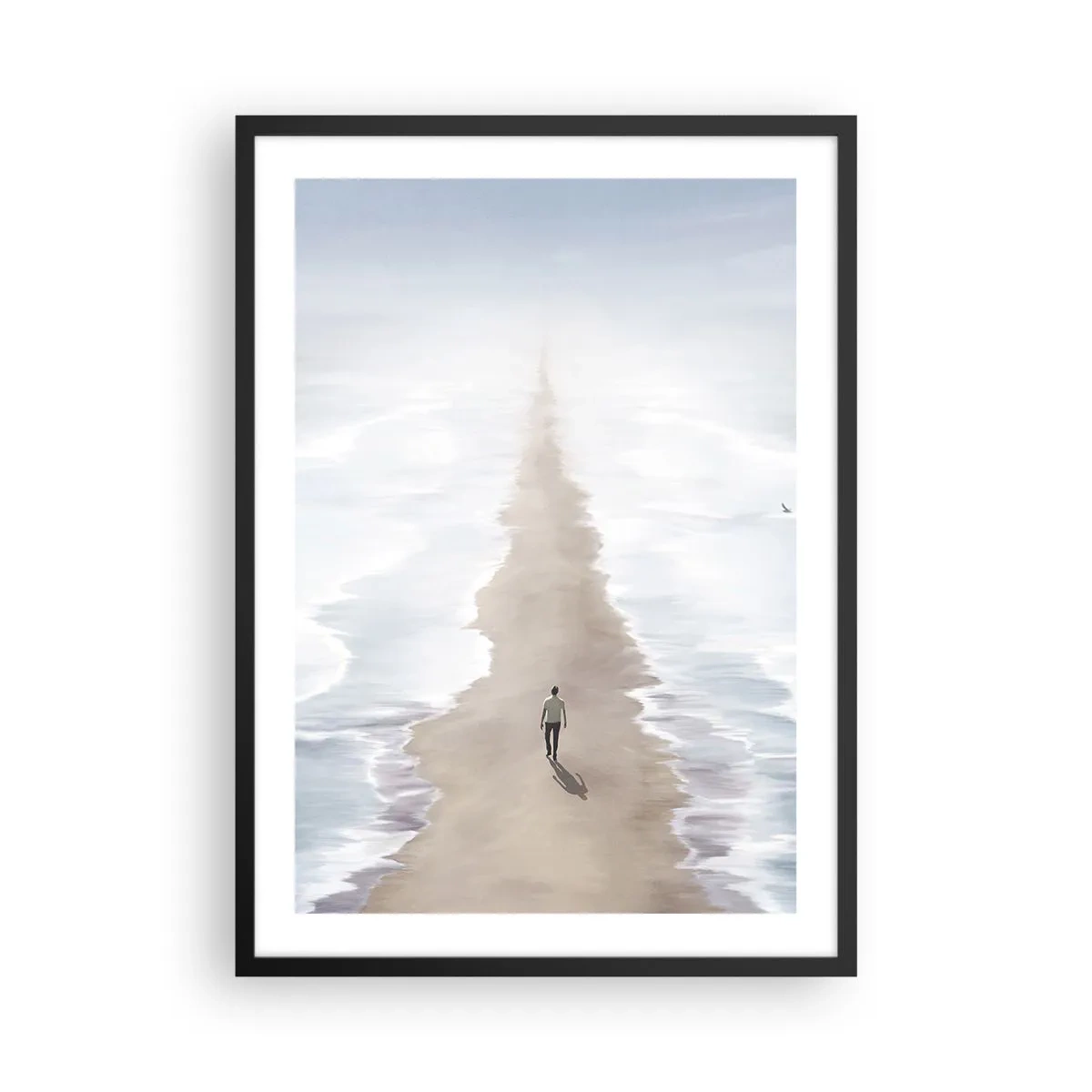 Poster in einem schwarzem Rahmen - Eine Gestalt geht allein einen Pfad zwischen ruhigen Gewässern entlang. - 50x70cm - Glänzende Zukunft - Moderne Wanddekoration für Wohnzimmer und Schlafzimmer ARTTOR