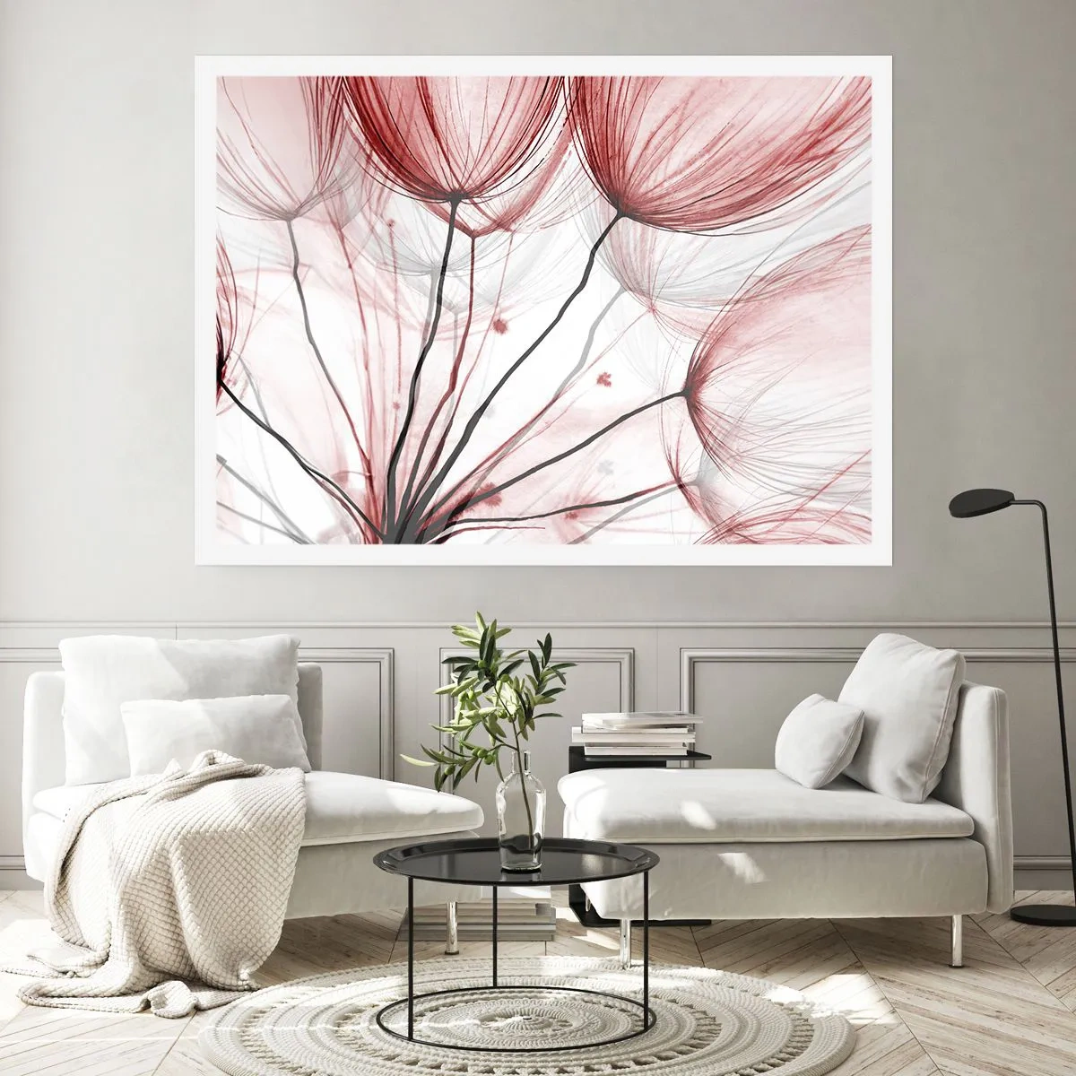 Poster - Zarte Blüten in Rottönen auf hellem Untergrund - 100x70cm - Vor der Abfahrt - Moderne Wanddekoration für Wohnzimmer und Schlafzimmer ARTTOR