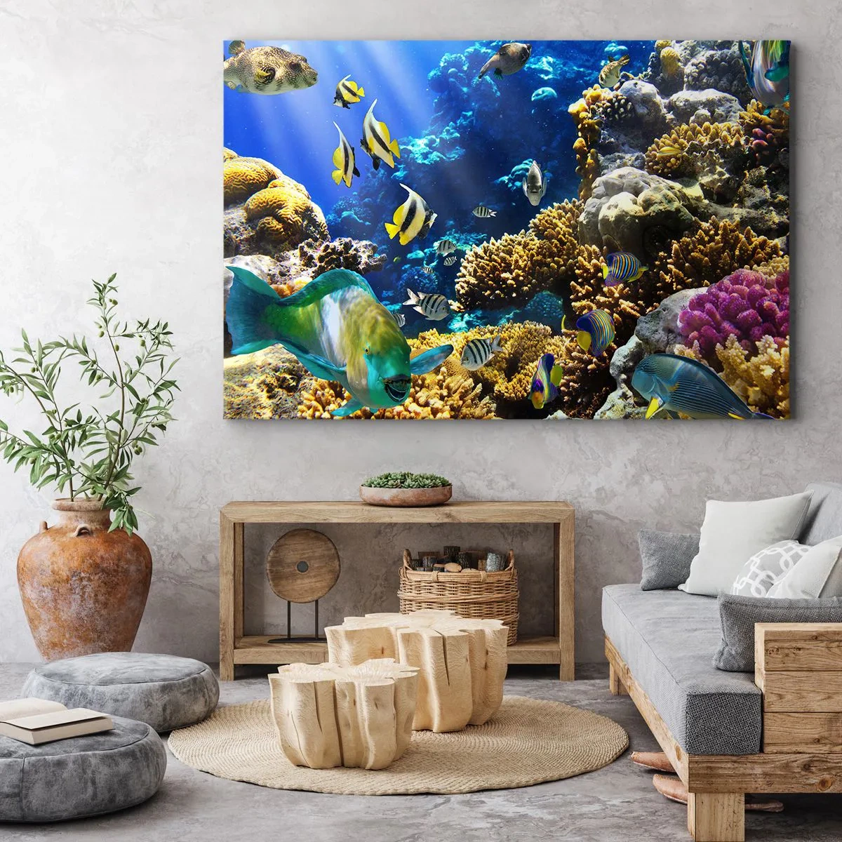 Bild auf Leinwand - Leinwandbild - Ein farbenfrohes Korallenriff mit tropischen Fischen in den Tiefen des Ozeans. - 120x80cm - Viel Verkehr auf dem Ferienweg - Moderne Wanddekoration für Wohnzimmer und Schlafzimmer ARTTOR