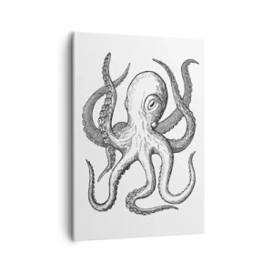 Bild auf Leinwand - Leinwandbild - Schwarz-weiße Zeichnung eines Oktopus auf weißem Hintergrund im Vintage-Stil - 50x70cm - Mit den Wellen tanzen - Moderne Wanddekoration für Wohnzimmer und Schlafzimmer ARTTOR