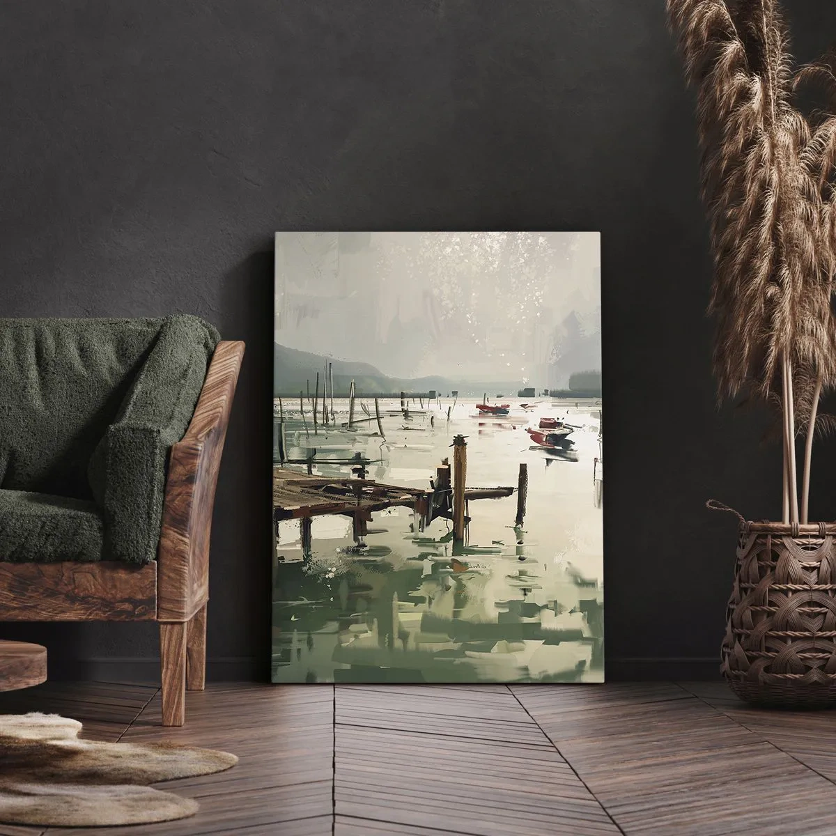 Bild auf Leinwand - Leinwandbild - Ein malerischer Hafen mit Booten auf ruhigem Wasser - 50x70cm - Durchnässt in einem geschmolzenen Mond - Moderne Wanddekoration für Wohnzimmer und Schlafzimmer ARTTOR