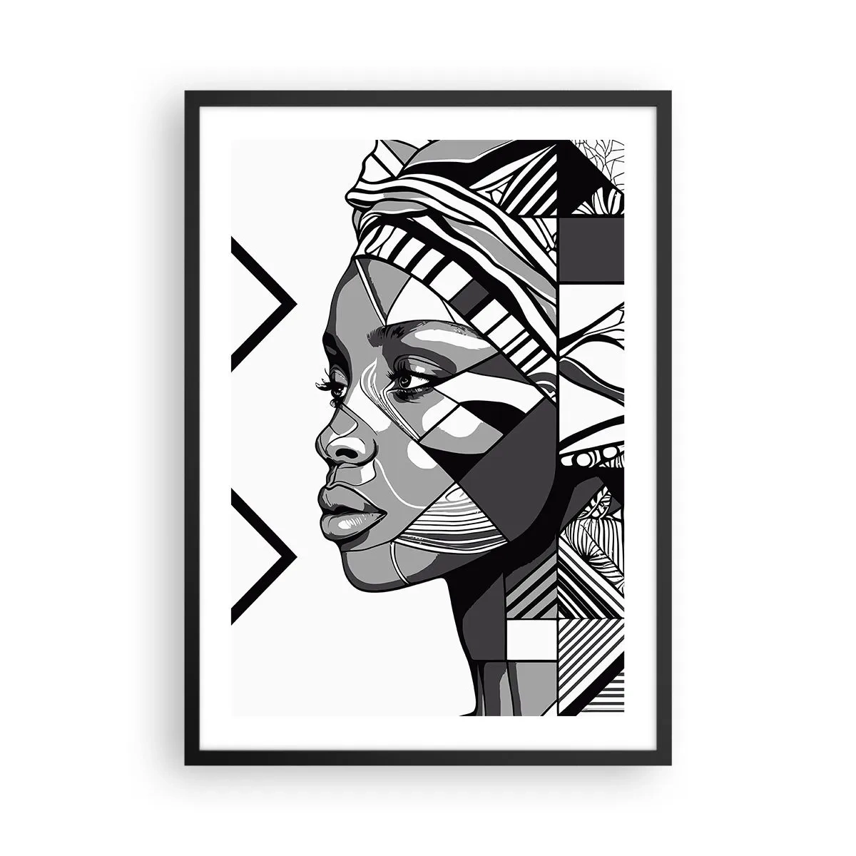 Poster in einem schwarzem Rahmen - Geometrisches Porträt einer Frau in Schwarzweiß - 50x70cm - Ethnisches Porträt - Moderne Wanddekoration für Wohnzimmer und Schlafzimmer ARTTOR