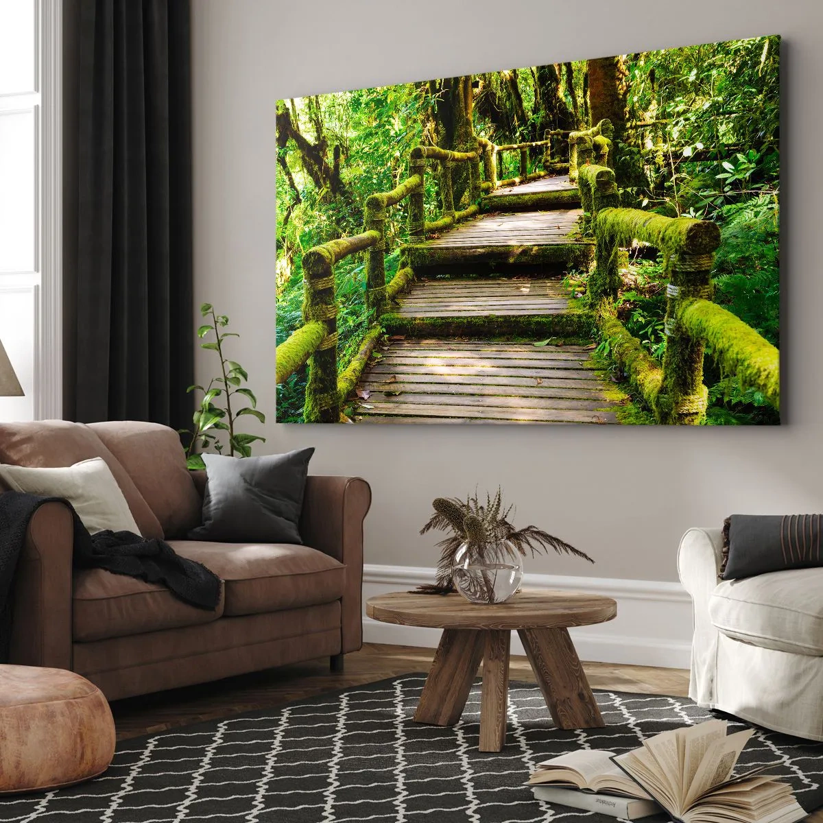 Bild auf Leinwand - Leinwandbild - Eine mit Moos bedeckte Holzbrücke in einem tropischen Regenwald - 100x70cm - Ein Korridor voller Grün - Moderne Wanddekoration für Wohnzimmer und Schlafzimmer ARTTOR