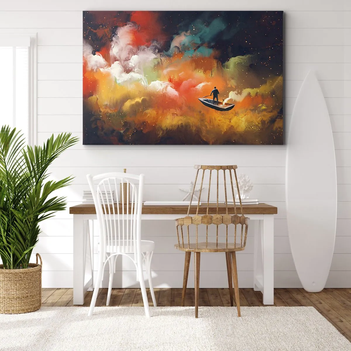 Bild auf Leinwand - Leinwandbild - Eine Figur in einem Boot vor einem Hintergrund aus bunten Wolken - 70x50cm - Mit dem Boot durch die Galaxie - Moderne Wanddekoration für Wohnzimmer und Schlafzimmer ARTTOR