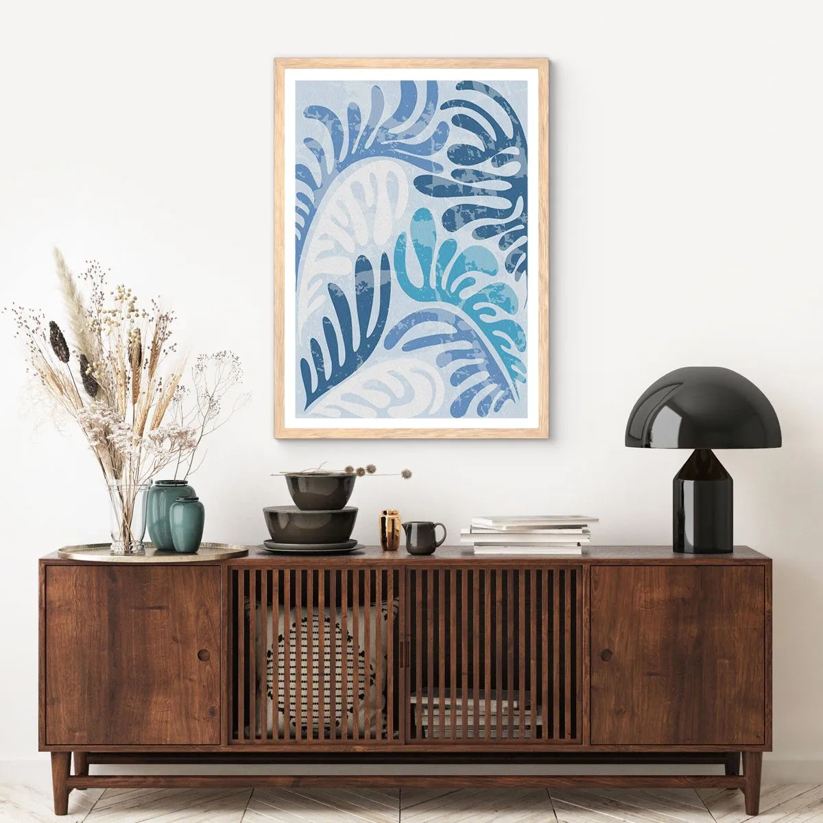 Poster in einem Rahmen aus heller Eiche - Blaue Farne - 50x70 cm