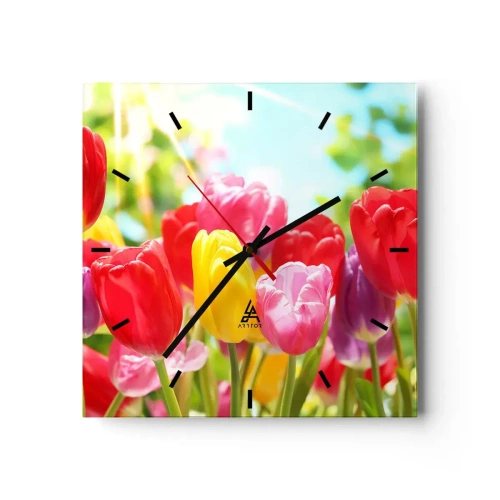 Wanduhr - Glasuhr - Bunte Tulpen in voller Blüte vor einem Frühlingshintergrund - 30x30cm - Wir sind es, die Farben des Mais! - Moderne Wanddekoration für Wohnzimmer und Schlafzimmer ARTTOR