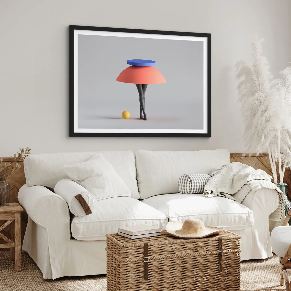 Poster in einem schwarzem Rahmen - Abstrakte geometrische Komposition mit Beinen und einem Ball - 70x50cm - Surrealistische Komposition - Moderne Wanddekoration für Wohnzimmer und Schlafzimmer ARTTOR