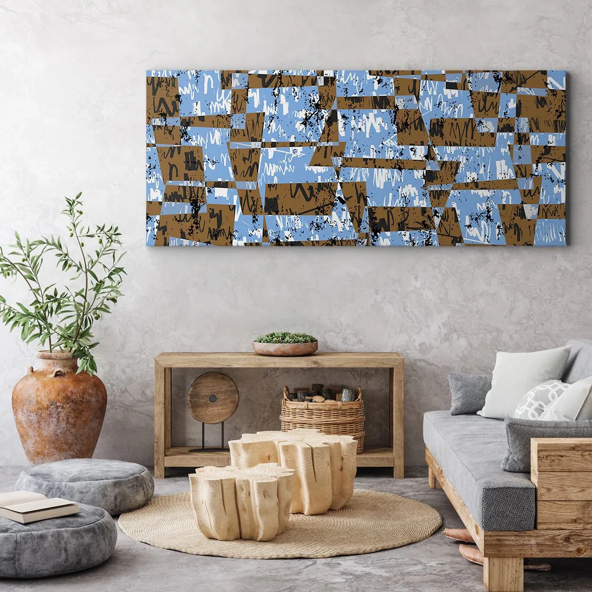 Bild auf Leinwand - Leinwandbild - Eine abstrakte Komposition aus Rechtecken in Braun- und Blautönen. - 140x50cm - Ein nicht-menschlicher Ausschnitt - Moderne Wanddekoration für Wohnzimmer und Schlafzimmer ARTTOR
