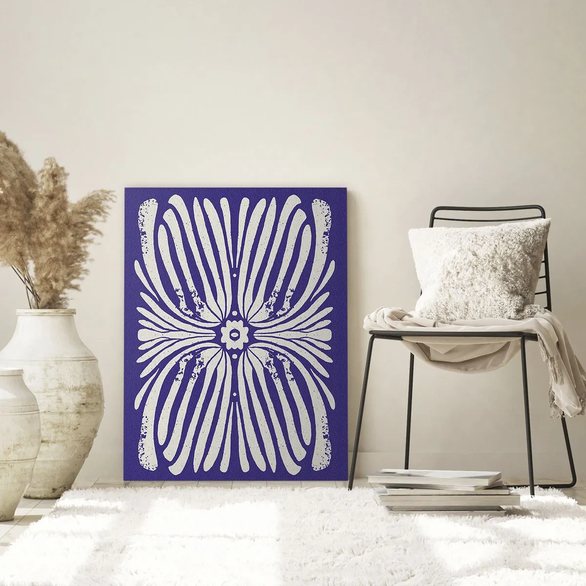 Glasbild - Bild auf glas - Symmetrisches ethnisches Muster auf violettem Hintergrund - 50x70cm - Ethnische Inspirationen - Moderne Wanddekoration für Wohnzimmer und Schlafzimmer ARTTOR