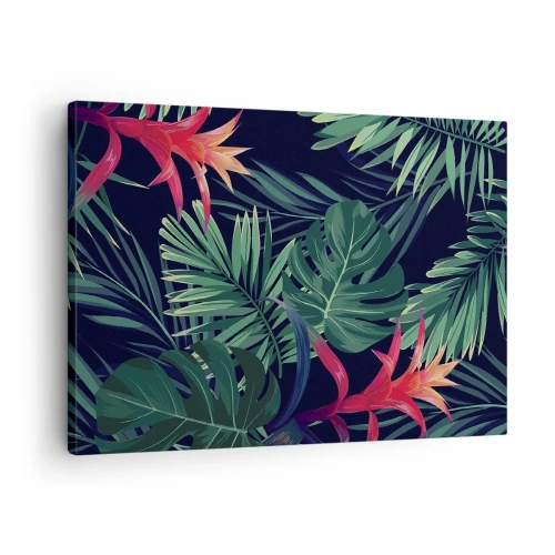 Bild auf Leinwand - Leinwandbild - Tropische Blätter und Blüten auf dunklem Hintergrund - 70x50cm - Im Grünen in Flammen gehen - Moderne Wanddekoration für Wohnzimmer und Schlafzimmer ARTTOR