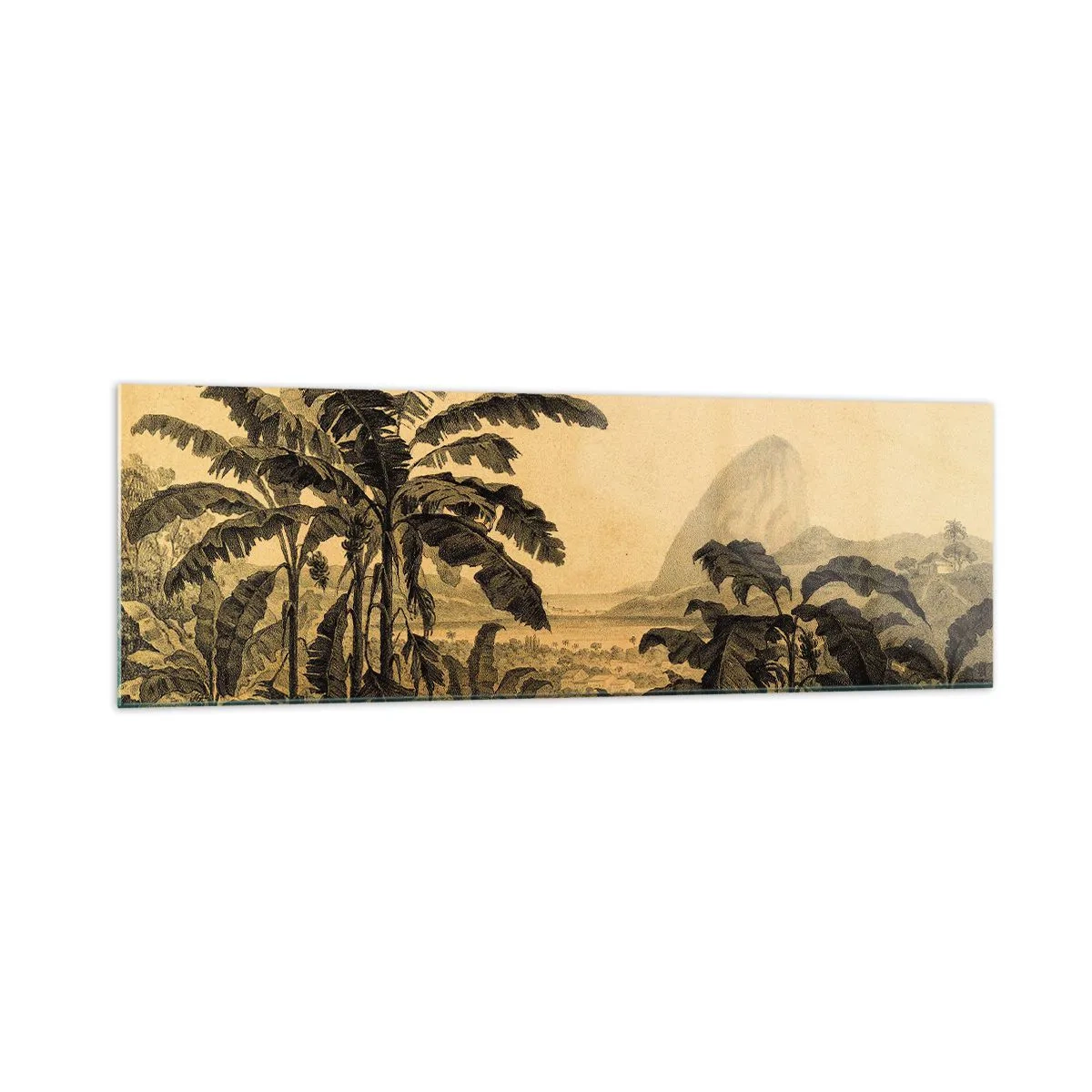 Glasbild - Bild auf glas - Zeichnung von Bananenbäumen vor dem Hintergrund einer tropischen Landschaft - 160x50cm - in einem kolonialen Klima - Moderne Wanddekoration für Wohnzimmer und Schlafzimmer ARTTOR
