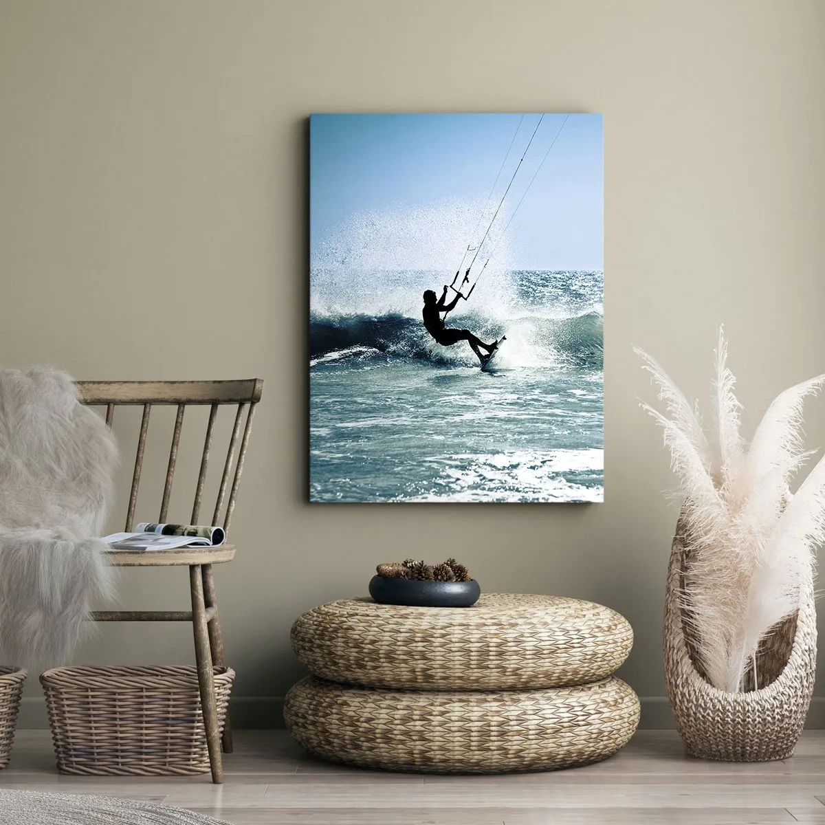 Bild auf Leinwand - Leinwandbild - Kitesurfer reitet eine Welle in der vollen Sonne - 70x100cm - Hinreißen lassen - Moderne Wanddekoration für Wohnzimmer und Schlafzimmer ARTTOR