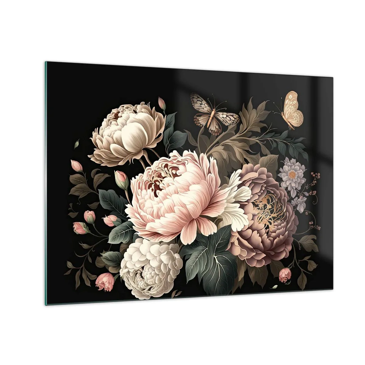 Glasbild - Bild auf glas - Blumenkomposition mit Schmetterlingen auf schwarzem Hintergrund - 70x50cm - Im Barockstil - Moderne Wanddekoration für Wohnzimmer und Schlafzimmer ARTTOR