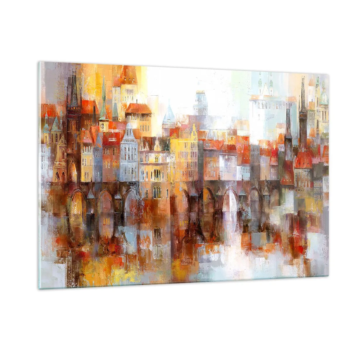 Glasbild - Bild auf glas - Farbenfrohes Stadtpanorama mit Brücke und Spiegelung im Wasser - 120x80cm - Schön ist es auch unter der Brücke - Moderne Wanddekoration für Wohnzimmer und Schlafzimmer ARTTOR