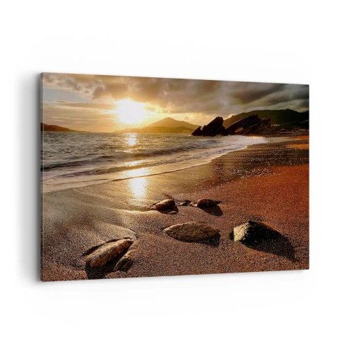 Bild auf Leinwand - Leinwandbild - Strand bei Sonnenuntergang mit Steinen am Ufer - 100x70cm - Folge der Sonne zu den Hügeln - Moderne Wanddekoration für Wohnzimmer und Schlafzimmer ARTTOR