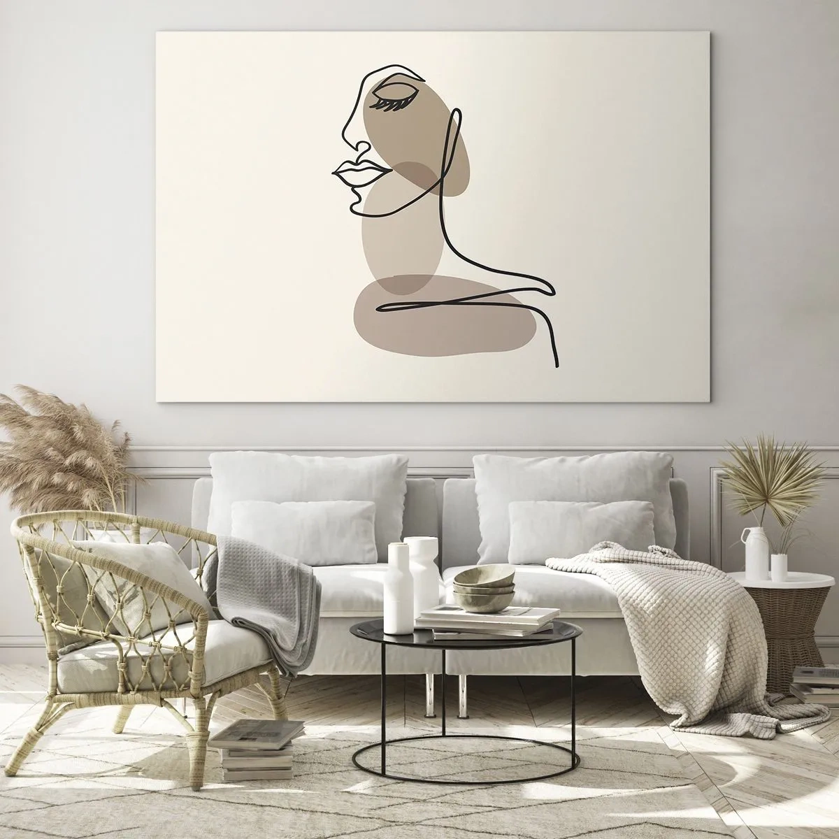 Glasbild - Bild auf glas - Porträt eines Frauengesichts im minimalistischen, abstrakten Stil - 70x50cm - Sich selbst zugehört - Moderne Wanddekoration für Wohnzimmer und Schlafzimmer ARTTOR