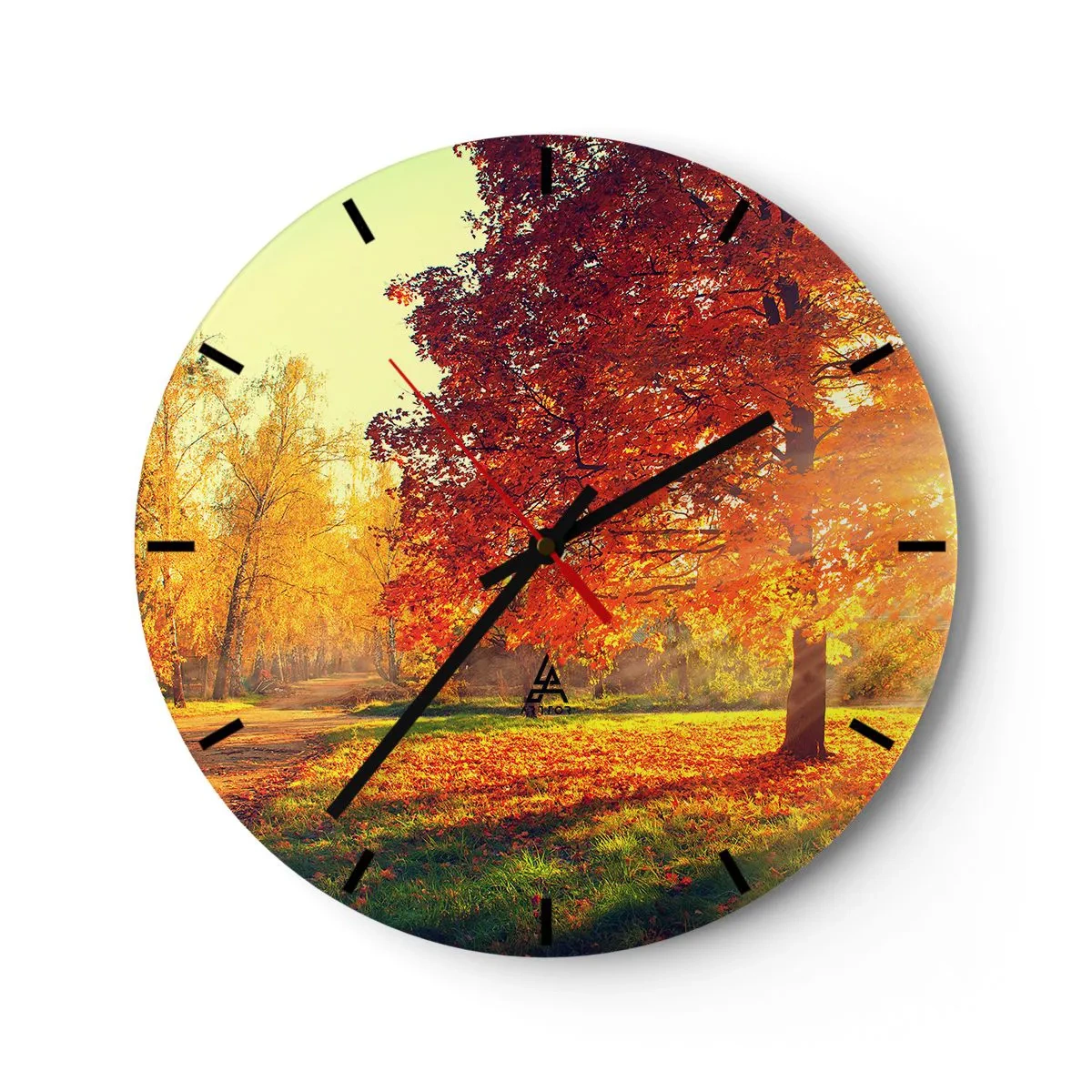 Wanduhr - Glasuhr - Herbstlandschaft mit einem Baum mit roten Blättern im Park - 30x30cm - Unhöflich ist schön - Moderne Wanddekoration für Wohnzimmer, Küche und Schlafzimmer ARTTOR