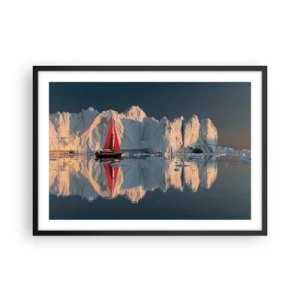 Poster in einem schwarzem Rahmen - Ein Segelboot mit rotem Segel vor der Kulisse eines Gletschers - 70x50cm - Am Rande der Welt - Moderne Wanddekoration für Wohnzimmer und Schlafzimmer ARTTOR