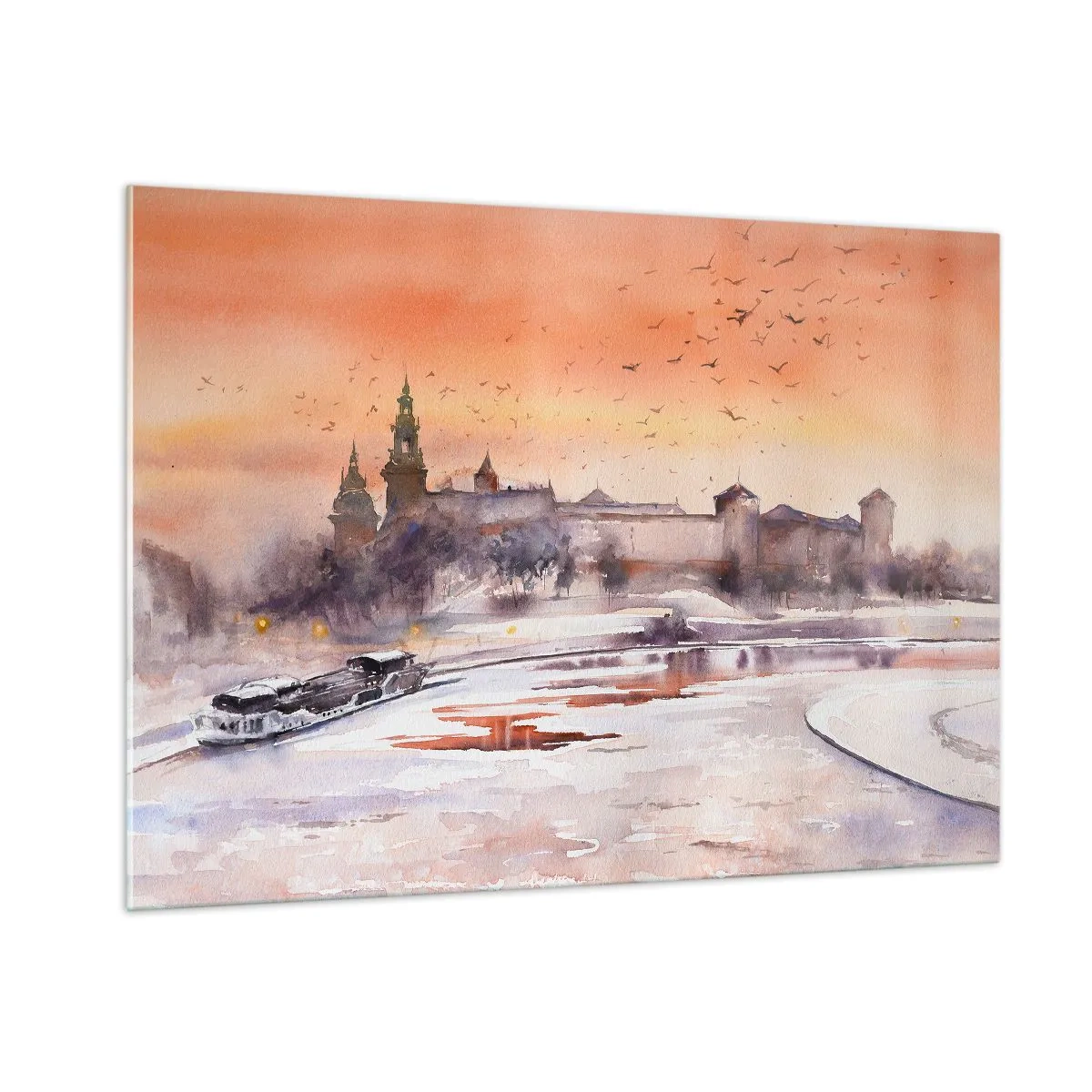 Glasbild - Bild auf glas - Sonnenuntergang über dem königlichen Schloss und dem Fluss im Winter - 100x70cm - Königlicher Sonnenuntergang - Moderne Wanddekoration für Wohnzimmer und Schlafzimmer ARTTOR