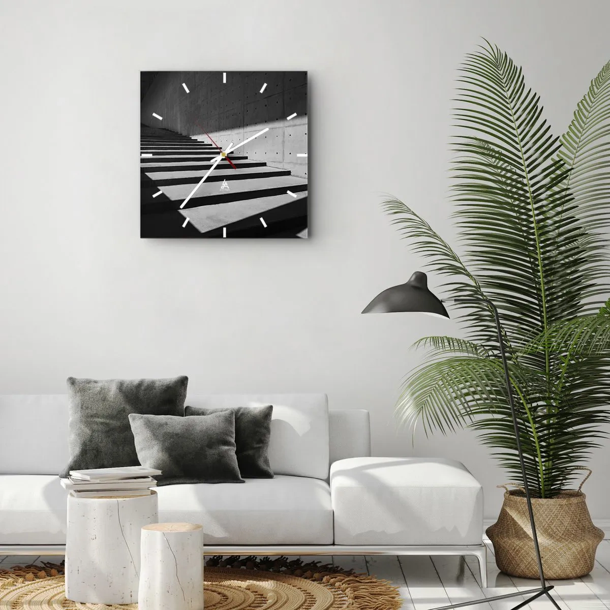 Wanduhr - Glasuhr - Treppe im minimalistischen Stil in Schwarz und Weiß - 30x30cm - Rohe Schönheit des Modernismus - Moderne Wanddekoration für Wohnzimmer und Schlafzimmer ARTTOR