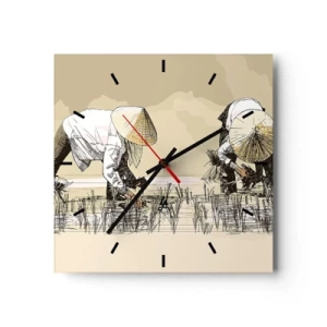 Wanduhr - Glasuhr - Bauern bei der Arbeit auf einem Reisfeld mit traditioneller Kopfbedeckung - 30x30cm - Erfolgreiche Ernte - Moderne Wanddekoration für Wohnzimmer und Schlafzimmer ARTTOR