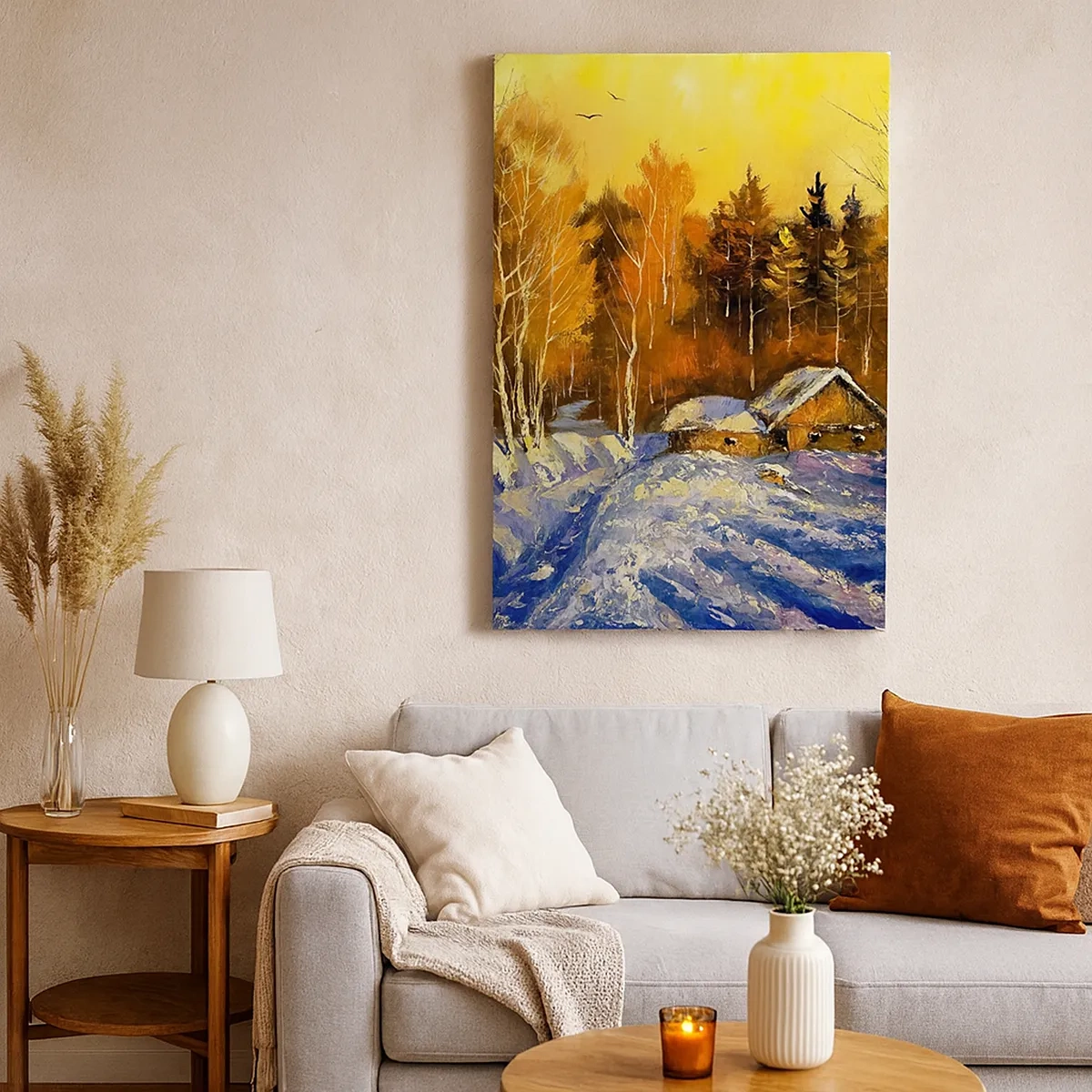 Bild auf Leinwand - Leinwandbild - Winterlandschaft mit einem Haus im Licht der untergehenden Sonne - 50x70cm - Wintereindruck in der Sonne - Moderne Wanddekoration für Wohnzimmer und Schlafzimmer ARTTOR