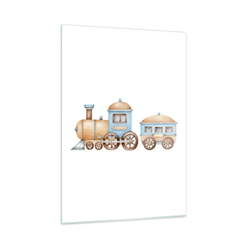 Glasbild - Bild auf glas - Illustration einer Dampflok in Blau- und Beigetönen auf weißem Hintergrund - 50x70cm - Am Bahnhof steht ... - Moderne Wanddekoration für Wohnzimmer und Schlafzimmer ARTTOR