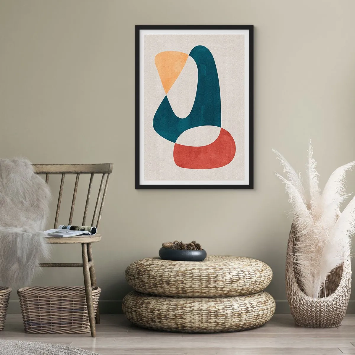 Poster in einem schwarzem Rahmen - Eine abstrakte Komposition aus geometrischen Formen in warmen Farben. - 50x70cm - Einflüsse und Metamorphosen - Moderne Wanddekoration für Wohnzimmer und Schlafzimmer ARTTOR