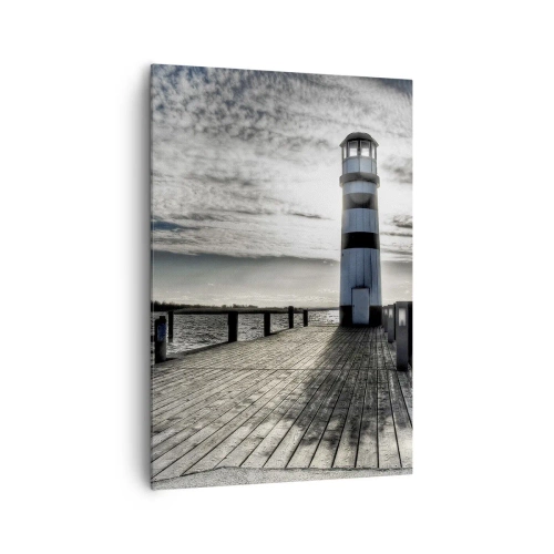 Bild auf Leinwand - Leinwandbild - Leuchtturm auf einem Holzsteg mit Blick auf das Meer. - 70x100cm - Matrosen, ich warte auf euch - Moderne Wanddekoration für Wohnzimmer und Schlafzimmer ARTTOR