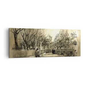 Bild auf Leinwand - Leinwandbild - Eine Cartoon-Szene eines Parks mit spazierenden Menschen in warmen Tönen. - 140x50cm - Ein Moment mit einer Feder angehalten - Moderne Wanddekoration für Wohnzimmer und Schlafzimmer ARTTOR